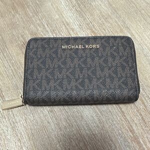 Michael Kors Dark Brown Monogram Zip Wallet with Gold Logo